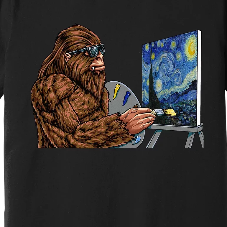 Starry Night Bigfoot Painting Funny Sasquatch Graphic Art Premium T-Shirt