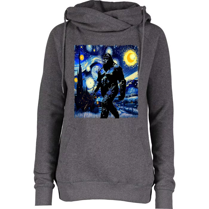 Starry Night Bigfoot Van Gogh Art Painting Sasquatch Womens Funnel Neck Pullover Hood