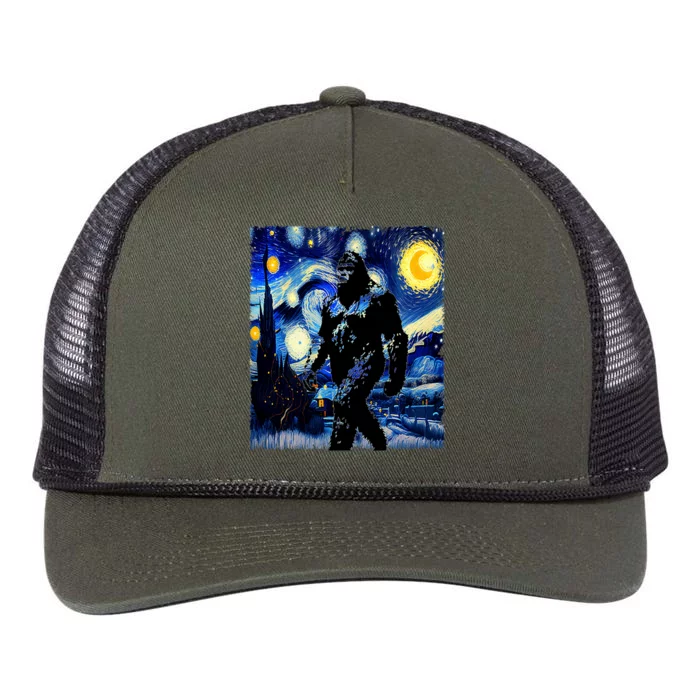 Starry Night Bigfoot Van Gogh Art Painting Sasquatch Retro Rope Trucker Hat Cap