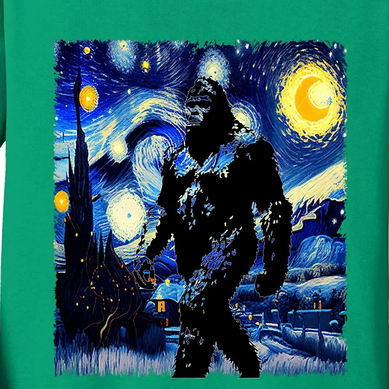 Starry Night Bigfoot Van Gogh Art Painting Sasquatch Kids Long Sleeve Shirt