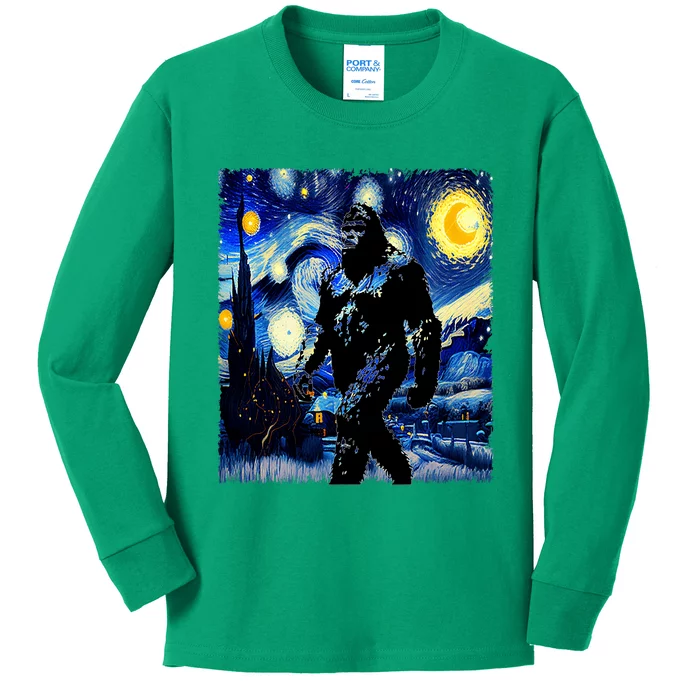 Starry Night Bigfoot Van Gogh Art Painting Sasquatch Kids Long Sleeve Shirt