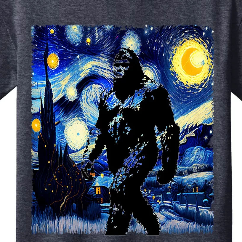 Starry Night Bigfoot Van Gogh Art Painting Sasquatch Kids T-Shirt