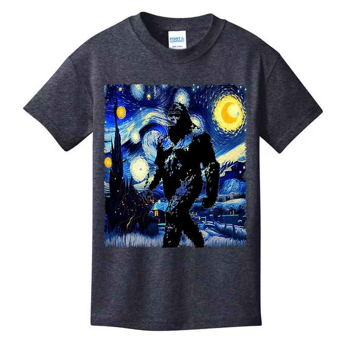 Starry Night Bigfoot Van Gogh Art Painting Sasquatch Kids T-Shirt