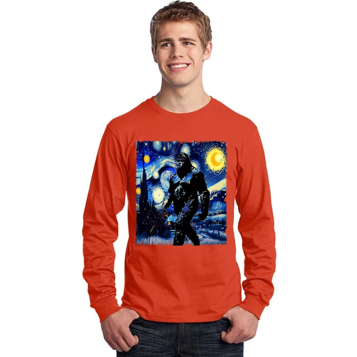 Starry Night Bigfoot Van Gogh Art Painting Sasquatch Tall Long Sleeve T-Shirt