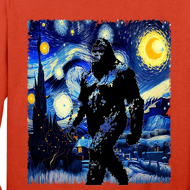 Starry Night Bigfoot Van Gogh Art Painting Sasquatch Tall Long Sleeve T-Shirt