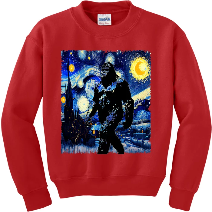 Starry Night Bigfoot Van Gogh Art Painting Sasquatch Kids Sweatshirt