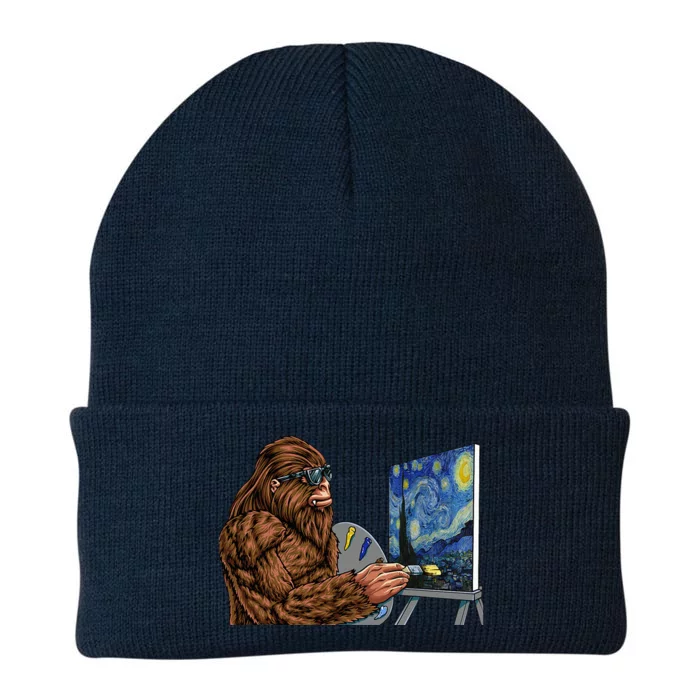 Starry Night Bigfoot Painting Funny Sasquatch Graphic Art Knit Cap Winter Beanie