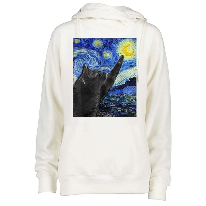 Starry Night Cat Artwork Womens Funnel Neck Pullover Hood