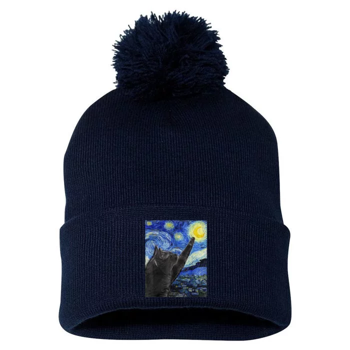 Starry Night Cat Artwork Pom Pom 12in Knit Beanie