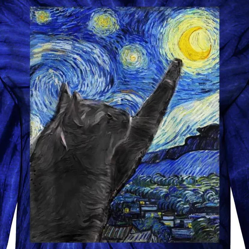 Starry Night Cat Artwork Tie-Dye Long Sleeve Shirt