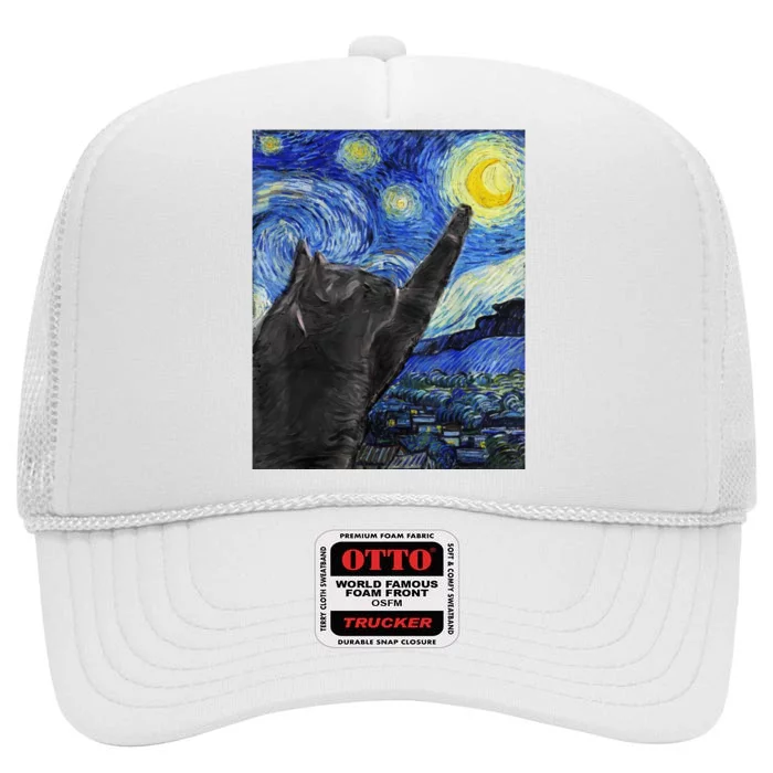 Starry Night Cat Artwork High Crown Mesh Trucker Hat