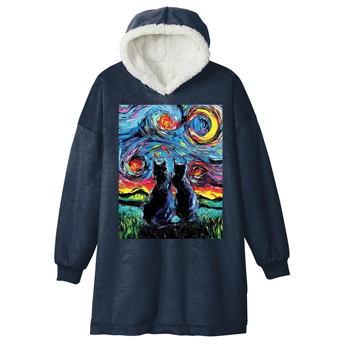 Scary Night Cat Van Gogh Art Hooded Wearable Blanket