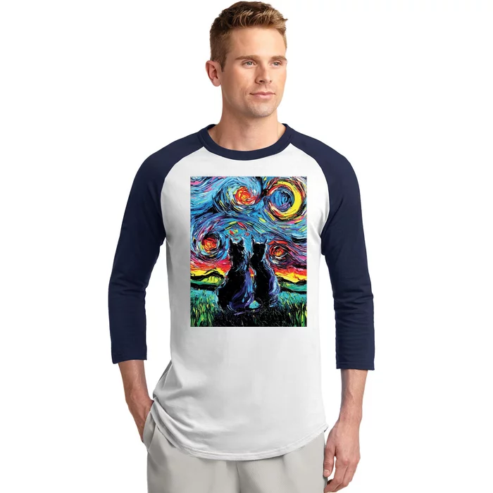 Scary Night Cat Van Gogh Art Baseball Sleeve Shirt