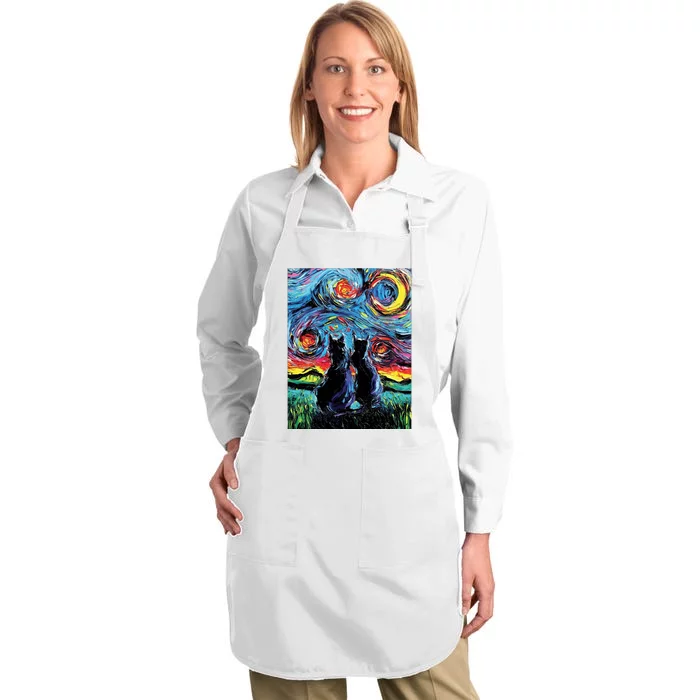 Scary Night Cat Van Gogh Art Full-Length Apron With Pocket