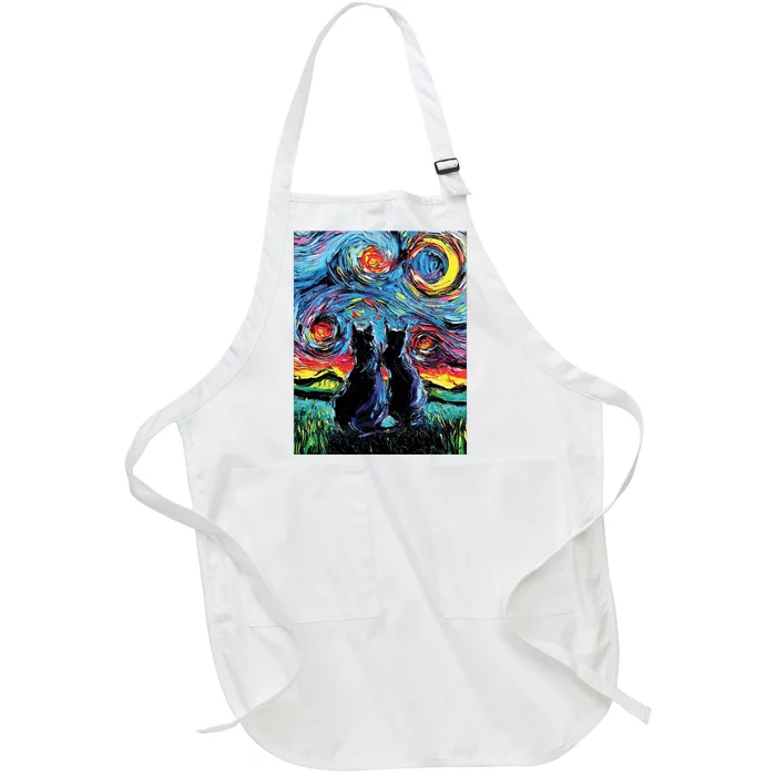 Scary Night Cat Van Gogh Art Full-Length Apron With Pocket