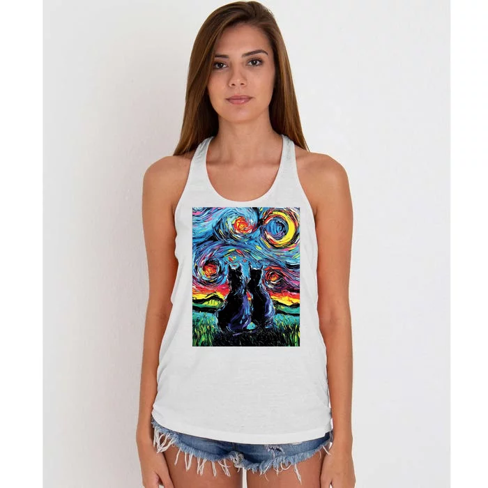 Scary Night Cat Van Gogh Art Women's Knotted Racerback Tank