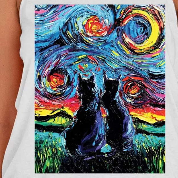 Scary Night Cat Van Gogh Art Women's Knotted Racerback Tank