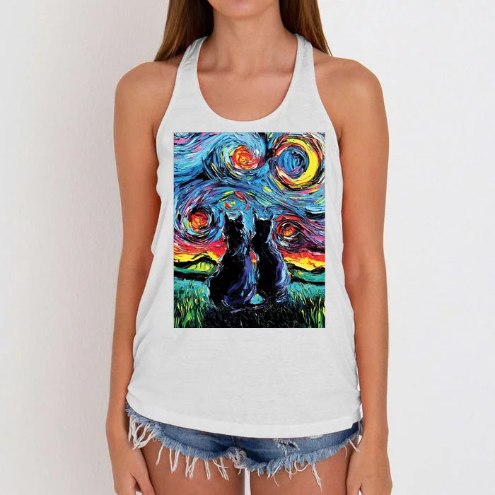 Scary Night Cat Van Gogh Art Women's Knotted Racerback Tank