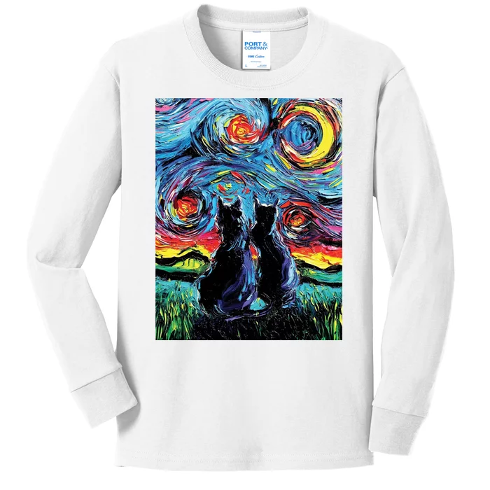 Scary Night Cat Van Gogh Art Kids Long Sleeve Shirt