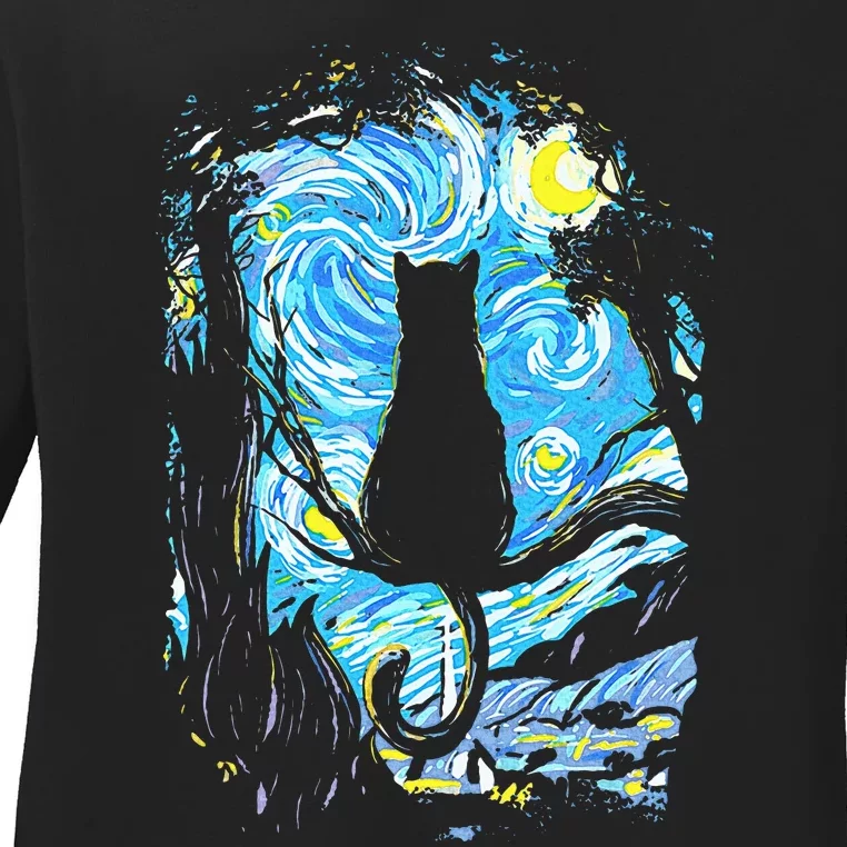 Starry Night Cat Van Gogh Cat Ladies Long Sleeve Shirt