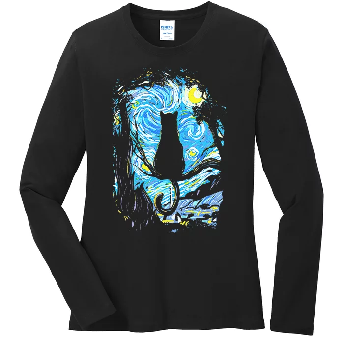 Starry Night Cat Van Gogh Cat Ladies Long Sleeve Shirt