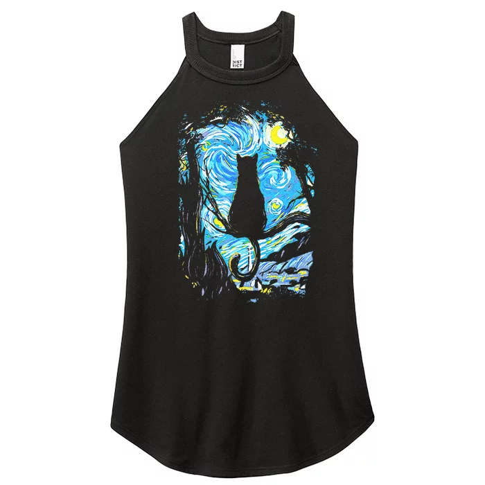 Starry Night Cat Van Gogh Cat Women’s Perfect Tri Rocker Tank