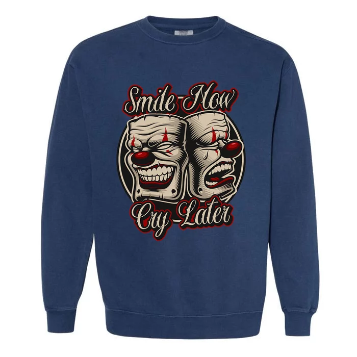 Smile Now Cry Later Drama Masks Garment-Dyed Sweatshirt