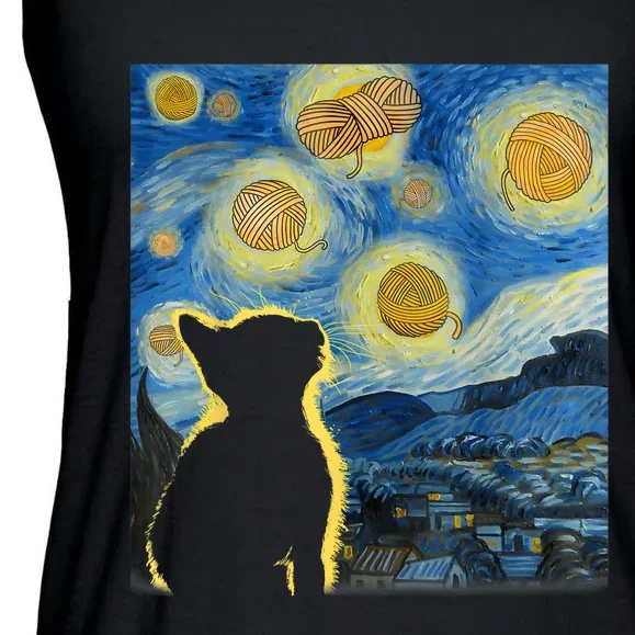 Starry Night Cat Van Gogh Sky Painting Art Funny Cat Lover Ladies Essential Flowy Tank