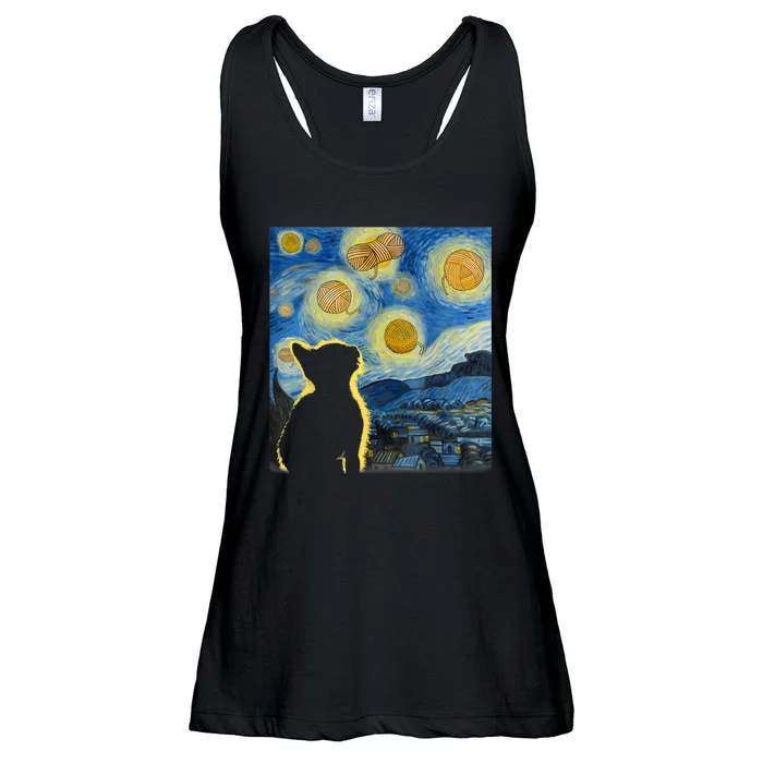 Starry Night Cat Van Gogh Sky Painting Art Funny Cat Lover Ladies Essential Flowy Tank