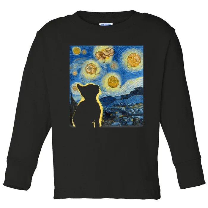 Starry Night Cat Van Gogh Sky Painting Art Funny Cat Lover Toddler Long Sleeve Shirt