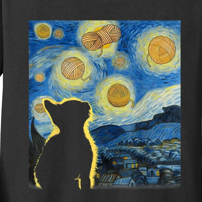 Starry Night Cat Van Gogh Sky Painting Art Funny Cat Lover Kids Long Sleeve Shirt