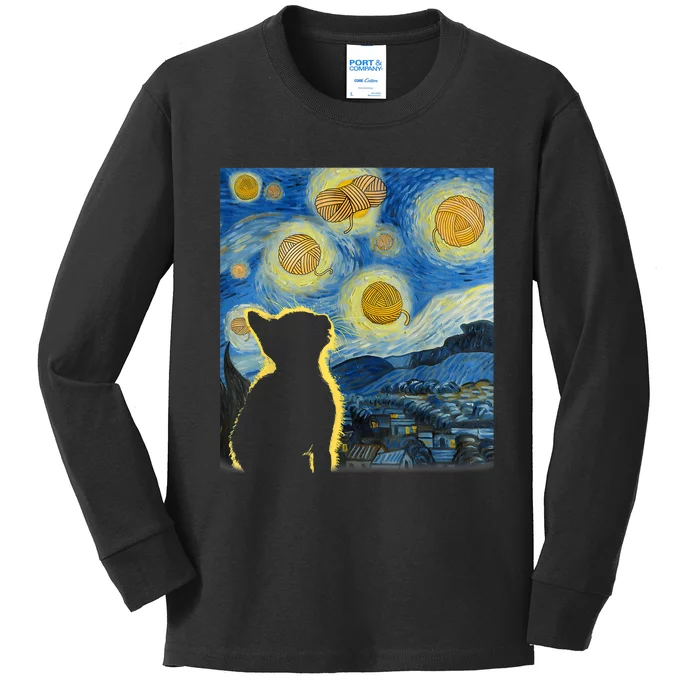 Starry Night Cat Van Gogh Sky Painting Art Funny Cat Lover Kids Long Sleeve Shirt