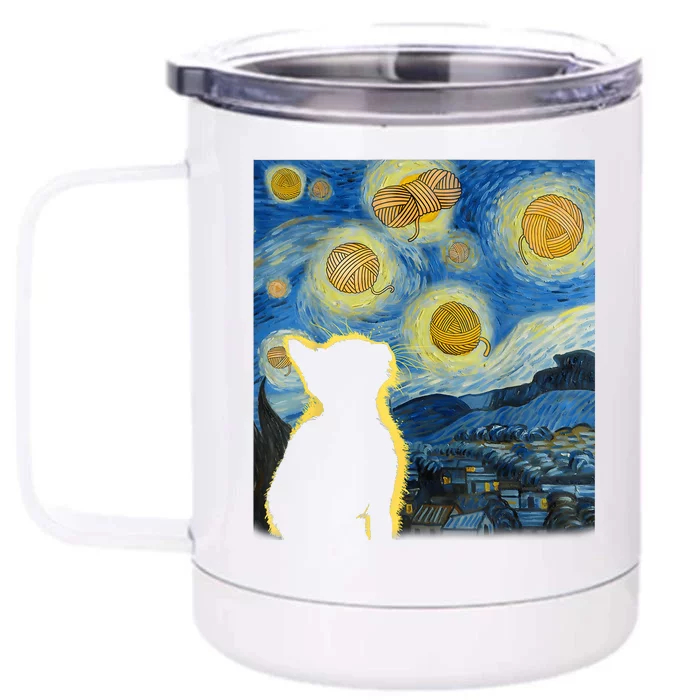 Starry Night Cat Van Gogh Sky Painting Art Funny Cat Lover Front & Back 12oz Stainless Steel Tumbler Cup