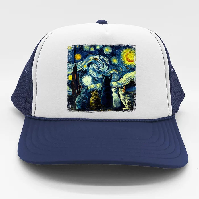 Starry Night Cat Van Gogh Sky Painting Art Funny Cat Lover Trucker Hat