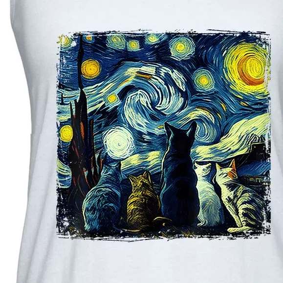 Starry Night Cat Van Gogh Sky Painting Art Funny Cat Lover Ladies Essential Flowy Tank