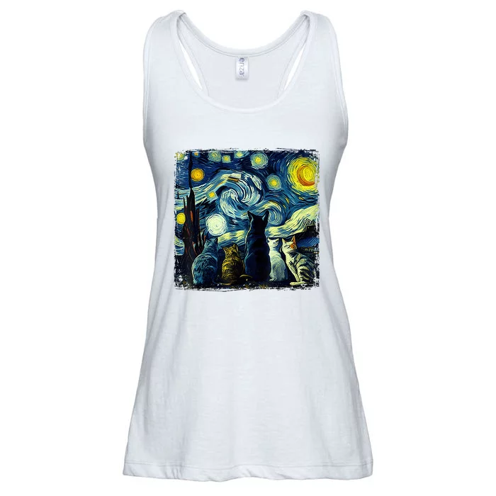 Starry Night Cat Van Gogh Sky Painting Art Funny Cat Lover Ladies Essential Flowy Tank