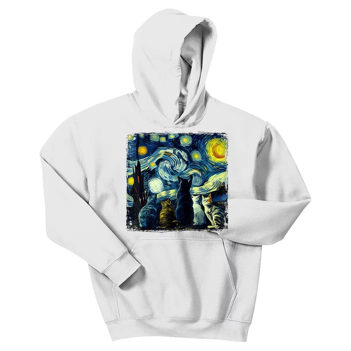 Starry Night Cat Van Gogh Sky Painting Art Funny Cat Lover Kids Hoodie