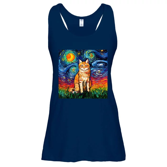 Starry Night Cat Van Gogh Cat Cat Lover Cat Mom Cat Dad Ladies Essential Flowy Tank