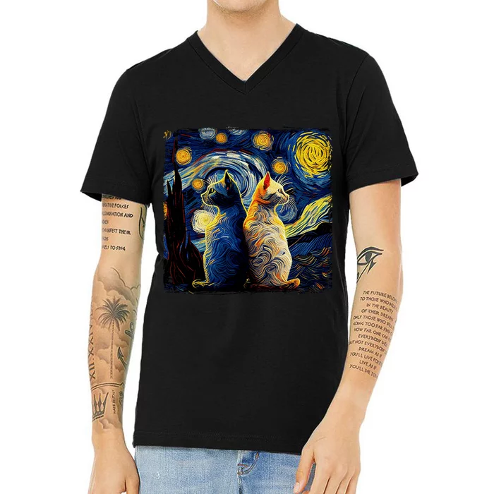 Starry Night Cat Funny Cat Graphic Cute Cat Lover V-Neck T-Shirt