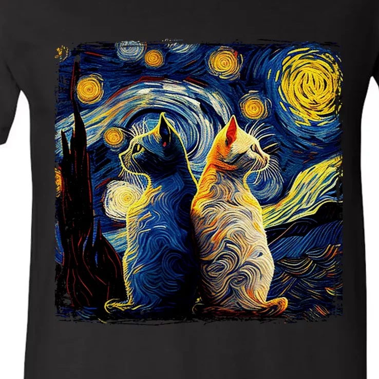 Starry Night Cat Funny Cat Graphic Cute Cat Lover V-Neck T-Shirt