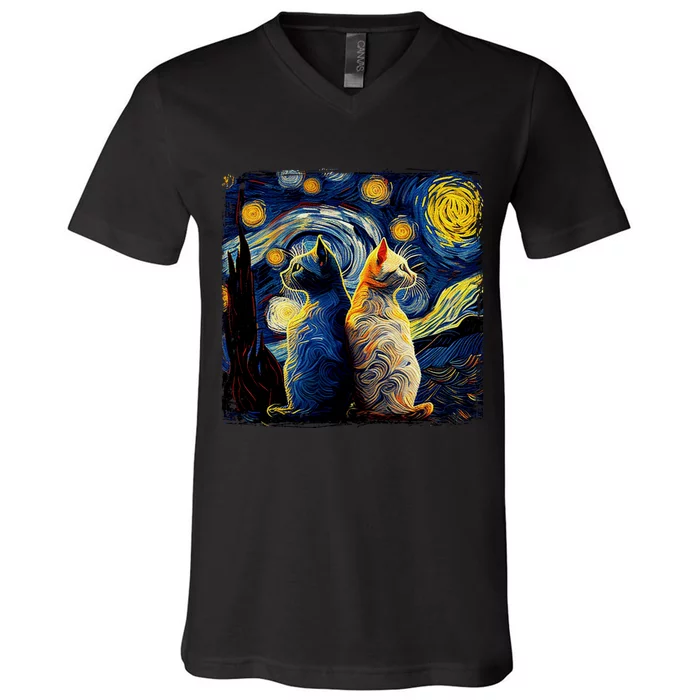 Starry Night Cat Funny Cat Graphic Cute Cat Lover V-Neck T-Shirt