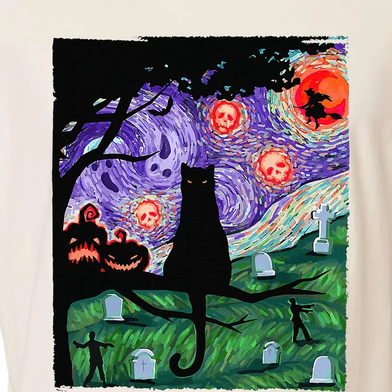 Scary Night Cat Van Gogh Cat Black Halloween Pumpkin Art Garment-Dyed Women's Muscle Tee