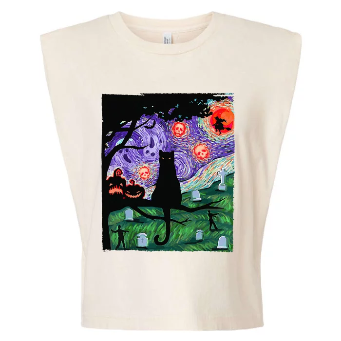 Scary Night Cat Van Gogh Cat Black Halloween Pumpkin Art Garment-Dyed Women's Muscle Tee