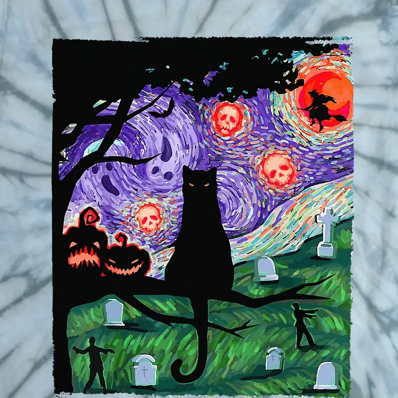 Scary Night Cat Van Gogh Cat Black Halloween Pumpkin Art Tie-Dye T-Shirt