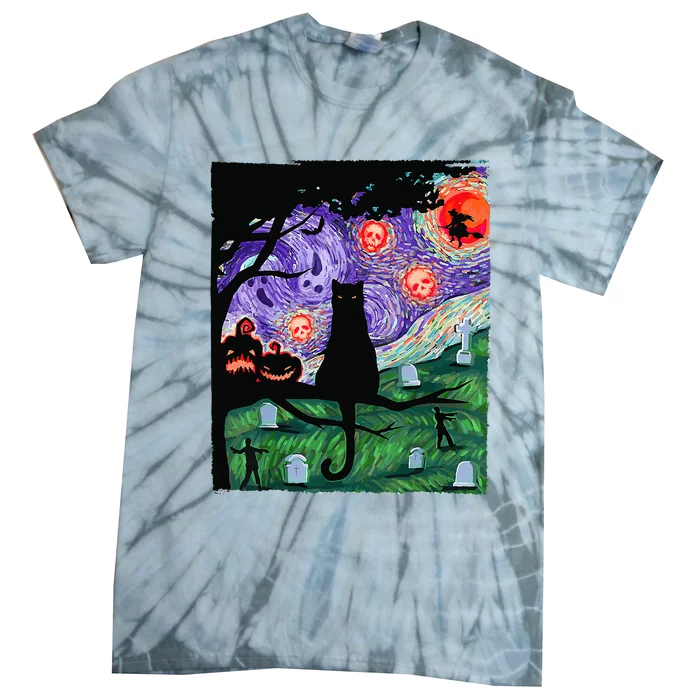 Scary Night Cat Van Gogh Cat Black Halloween Pumpkin Art Tie-Dye T-Shirt