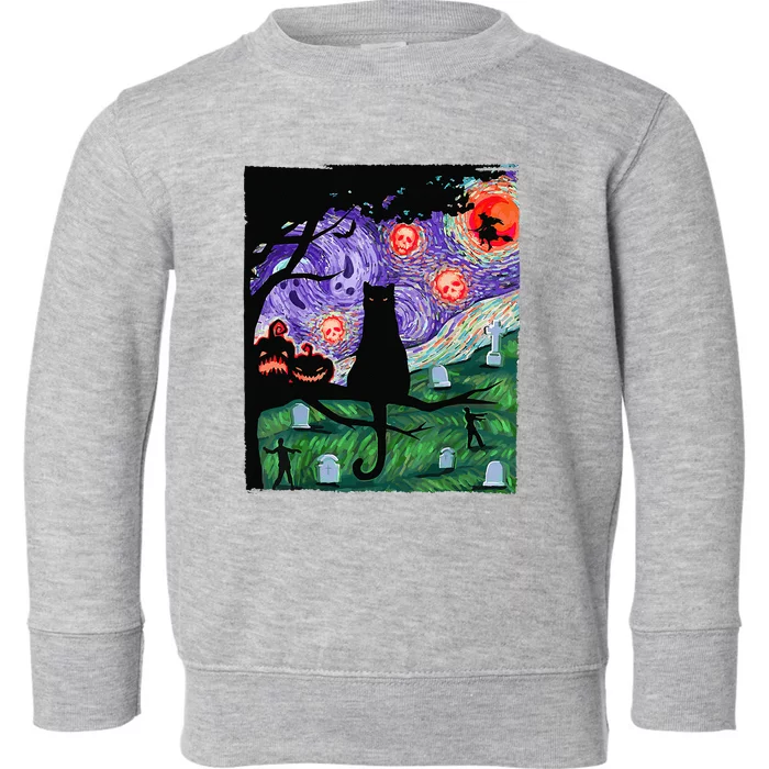 Scary Night Cat Van Gogh Cat Black Halloween Pumpkin Art Toddler Sweatshirt