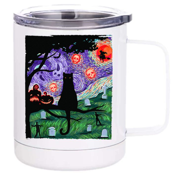 Scary Night Cat Van Gogh Cat Black Halloween Pumpkin Art Front & Back 12oz Stainless Steel Tumbler Cup