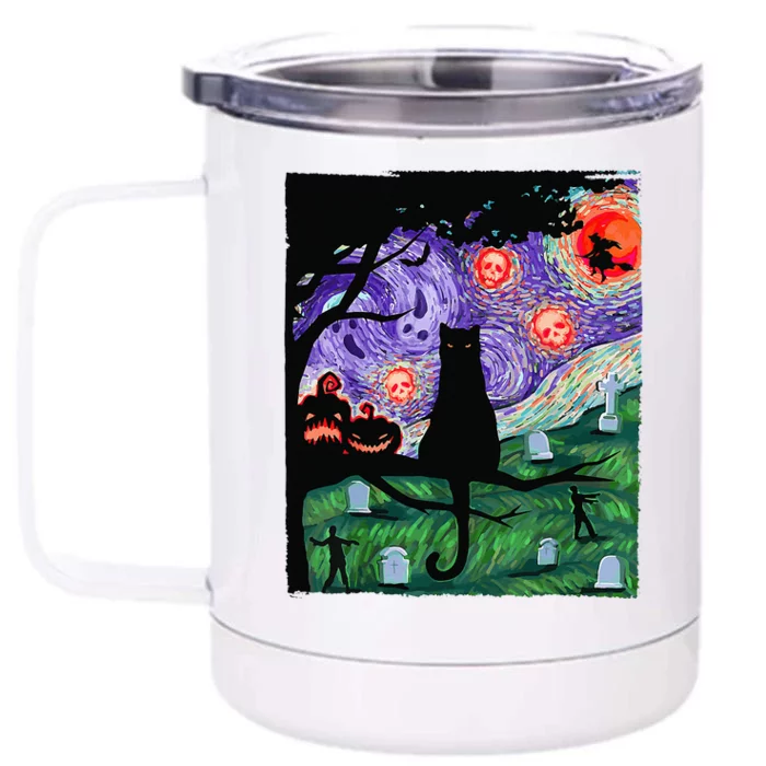 Scary Night Cat Van Gogh Cat Black Halloween Pumpkin Art Front & Back 12oz Stainless Steel Tumbler Cup