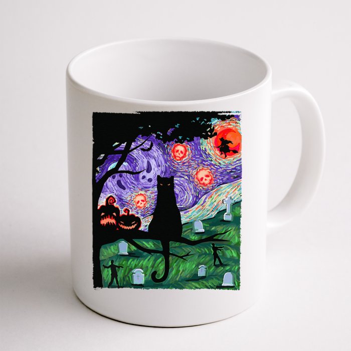 Scary Night Cat Van Gogh Cat Black Halloween Pumpkin Art Front & Back Coffee Mug