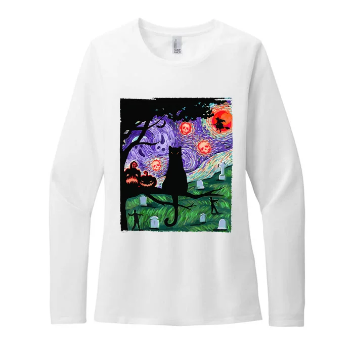 Scary Night Cat Van Gogh Cat Black Halloween Pumpkin Art Womens CVC Long Sleeve Shirt